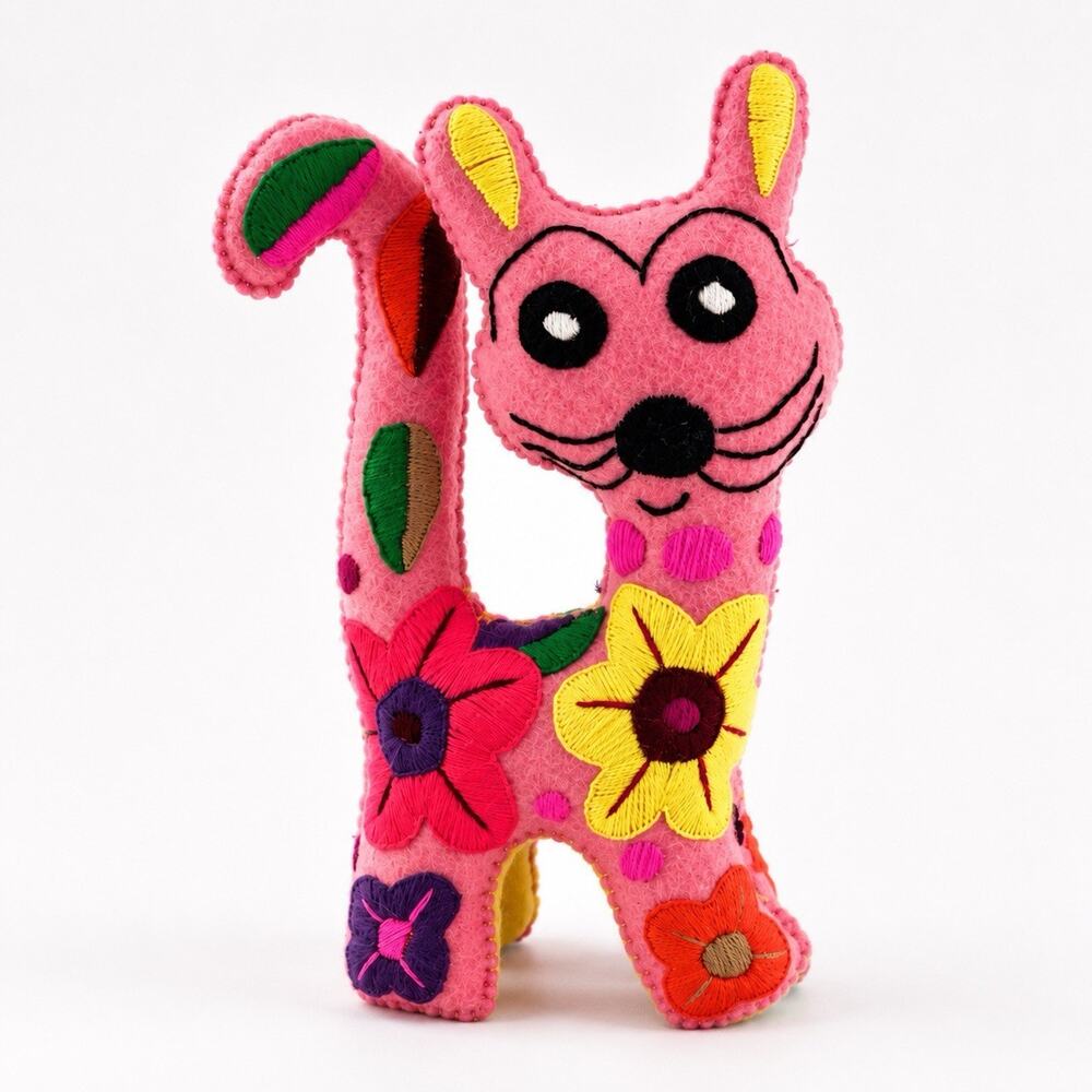 Handmade Embroidered Pink Cat Plush Folk Art Stuffed Animal Floral 11”
